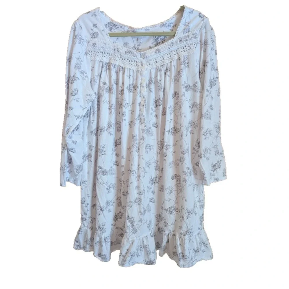 Eileen West XL Floral Nightgown Long Sleeve Lace Trim Cottagecore Feminine Cute